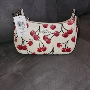 Coach Cherry Print Leather Shoulder Bag in Cream and Red